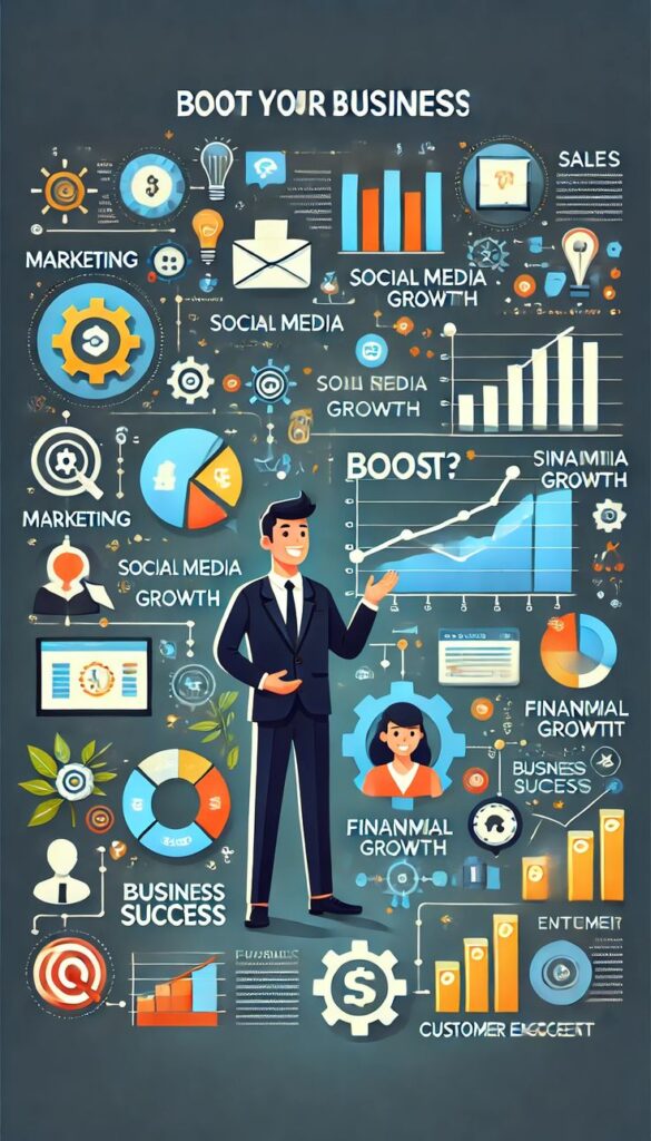 Social media marketing strategy illustration showing analytics, growth charts, engagement and digital marketing tools
