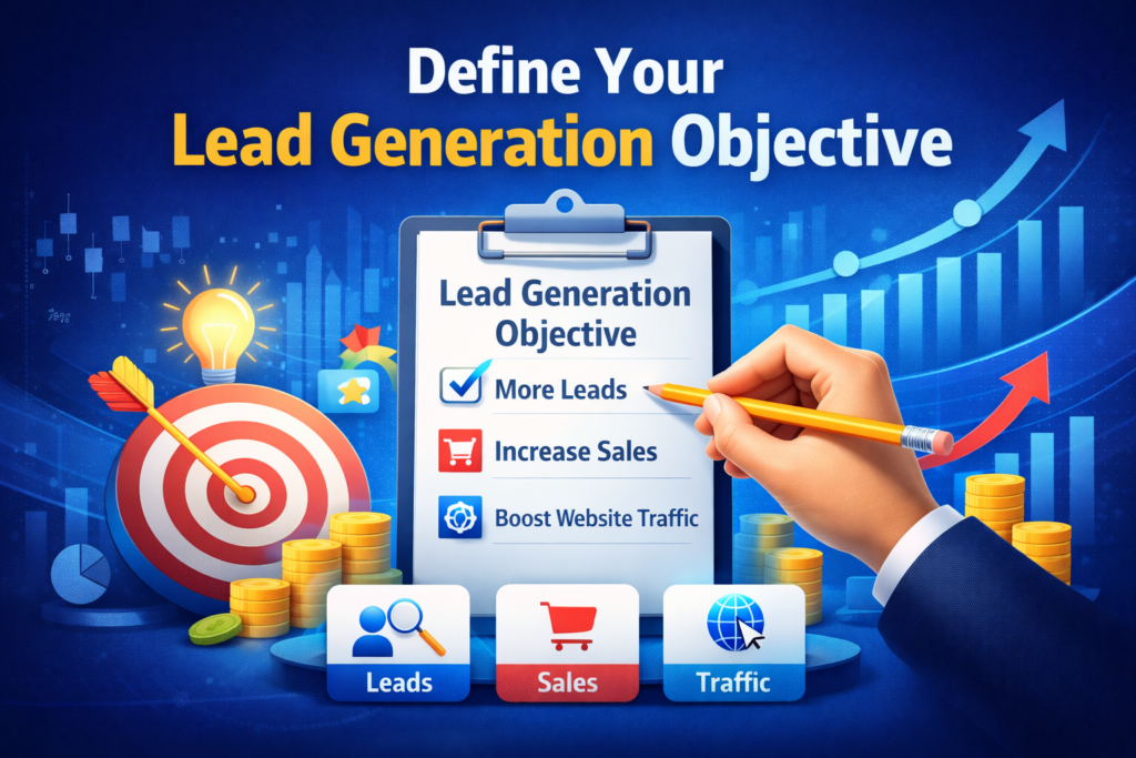 How to get leads using Facebook Ads for small businesses by defining clear lead generation objectives inside Meta Ads Manager dashboard.