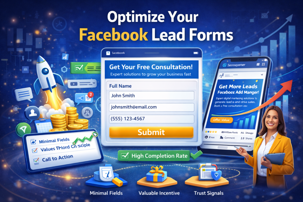 How to get leads using Facebook Ads for small businesses by optimizing Facebook lead forms with minimal fields and strong call to action for higher conversions.
