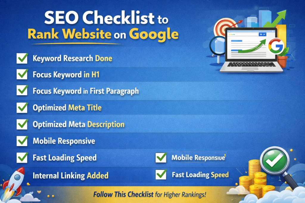How to Rank Website on Google checklist infographic with SEO optimization steps.
