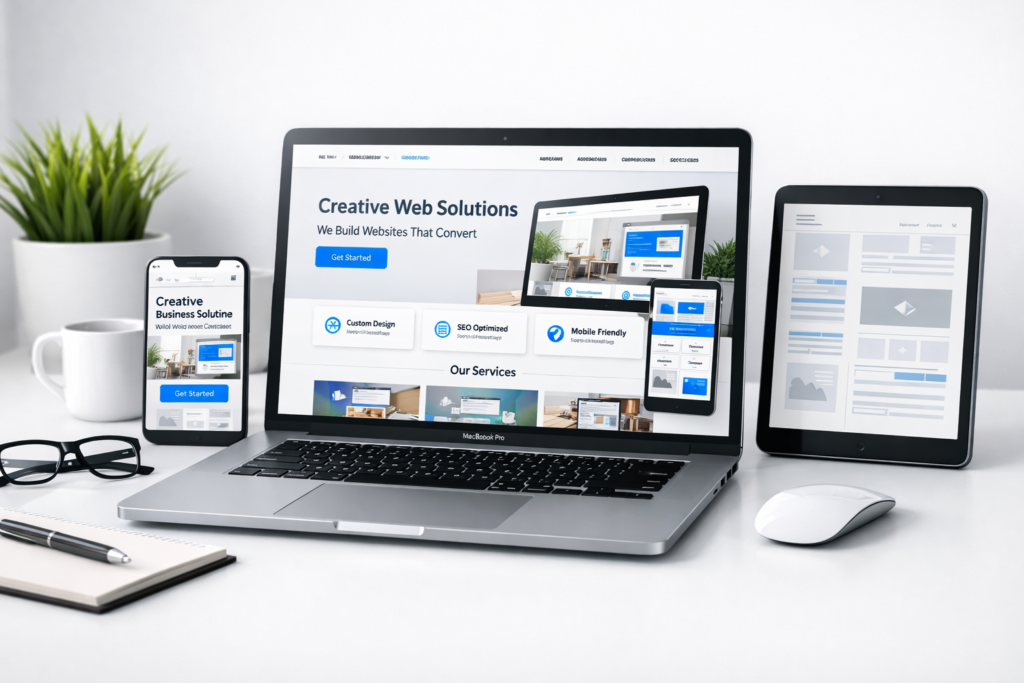 Professional website development service showing responsive website design, UI layout and business website creation.