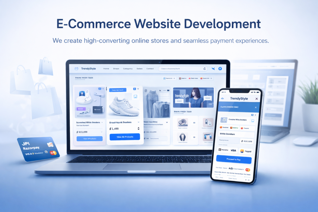E-commerce website development showing online store design, product listings, shopping cart and secure checkout