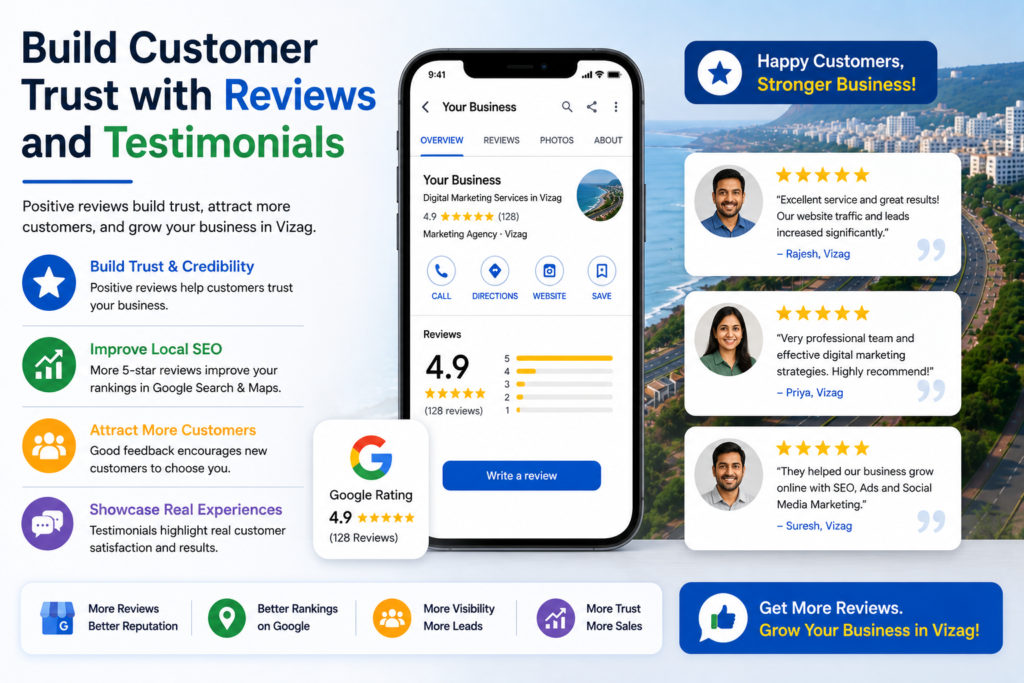 Customer reviews and testimonials helping businesses build trust, improve reputation, and attract more customers online.